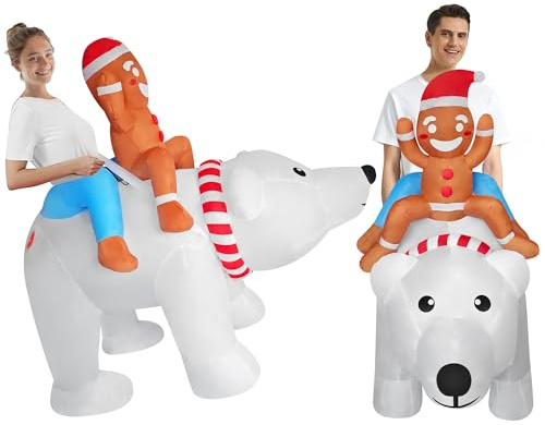 DAHAKII Funny Inflatable Costume Halloween Cosplay Blow-Up Costume for Adult/Halloween/Christmas Parade (Gingerbread Riding On Polar Bear)