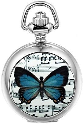JewelryWe Music Note Butterfly Pocket Watch Stylish Quartz Necklace Watch Pendant