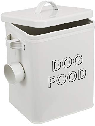 Pethiy airtight Dog Treat container bin and DOG Food Storage Tin with Lid With Handle |4-5 lbs Capacity | Serving Scoop Included -White