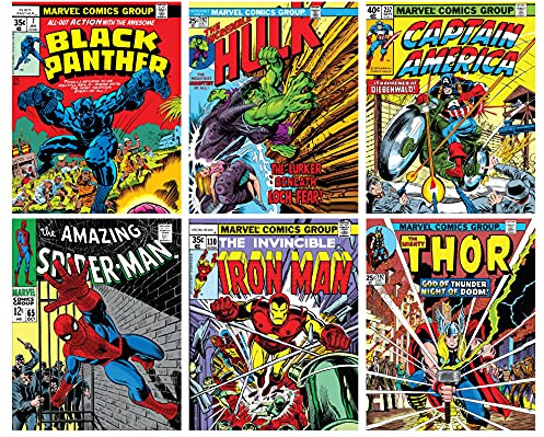 Superhero Wall Art – Superhero Vintage Comic Books Decor Unframed Set of 6 Prints, 8x10 Inch, Super Heroes Poster Room Decor, Vintage Posters for Kids Adults Boys Bedroom (Yellow)