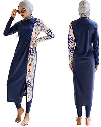 Odizli Maillot de bain musulman pour femme Burkini islamique à manches longues Hauts de natation avec soutien-gorge intégré + Short de bain + Hijab 3 pièces Maillot de bain couverture complète, XL