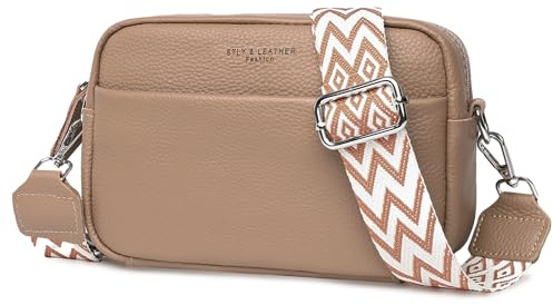DXIOKO Crossbody Bag for Women, Genuine Leather Women's Cross body Camera Bags Handbag with Adjustable Wide Strap, Over Shoulder Bag for Ladies Girls Travel Shopping Work Daily Use, Khaki