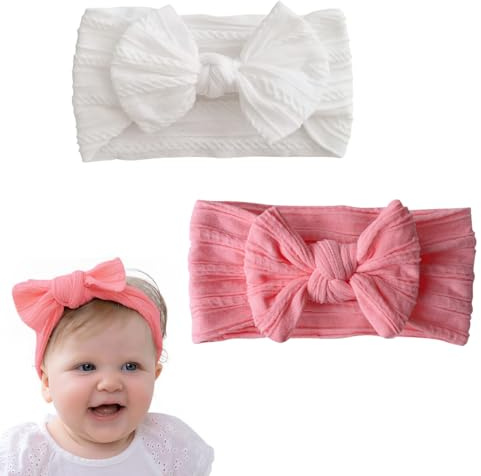 BHIPKOT Diademas con turbante para bebé - Pack de 2, diademas con lazo de nylon para niñas, accesorios para el pelo suaves y elásticos para recién nacidos y niños pequeños (rosa y blanco)