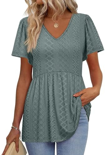 OFEEFAN Plus Size Tops for Women Spring Outfits Fashion Clothing Business Casual Outfits Tunics or Tops to Wear with Leggings Eyelet V Neck Peplum Top Gray Green 2XL