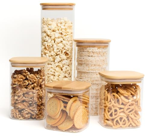 Livabl Glass Storage Containers with Bamboo Lids, Set of 5 Pantry Jars | 5 Airtight Kitchen Storage Jars in Assorted Sizes, Ideal for Rice, Flour, Sugar & Pasta, UK-Designed Pantry Organisation