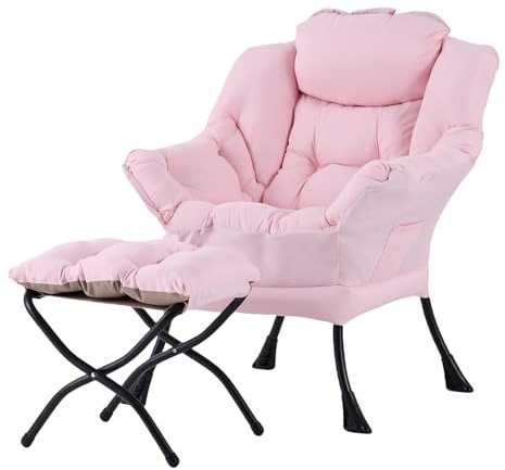 Welnow Pink Lazy Chair with Ottoman, Modern Reading Accent Chair with Armrests and a Side Pocket, Leisure Upholstered Lazy Sofa Set with Footrest for Small Space