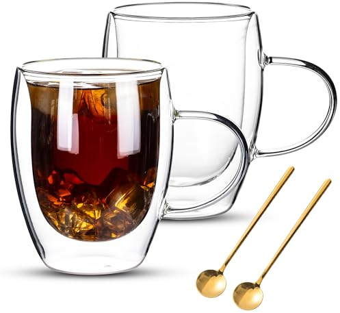Noevany Double Wall Glass Coffee Mugs Set, Set Of 2 Glass Cup with 2 Gold Spoons, Clear Coffee Mug 12oz for Cappuccino, Latte, Milk, Tea, Hot and Cold Beverages, Housewarming Wedding Present Gifts