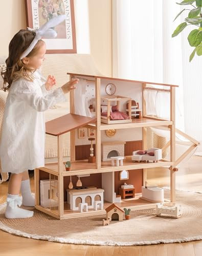 ROBUD Wooden Dolls House, Bohemian Style Dollhouse with 37 pcs Realistic Furniture & Dolls Accessories - Pretend Play Dolls House Toys for Kids, 3+ Year Old Girls Gifts