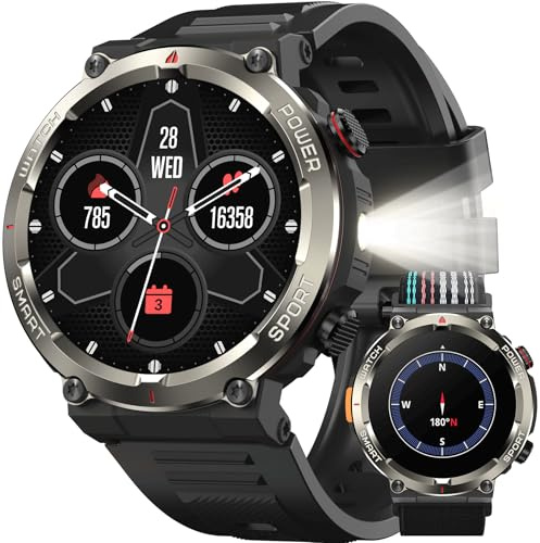 IOWODO Reloj Inteligente Hombre con Llamadas, 1.45 Militar Smartwatch con 960mAh Batería, Linterna LED, Brújula, 123 Modos Deporte, Monitor Cardíaco 24h/SpO2/Sueño, IP68, 2 Correas