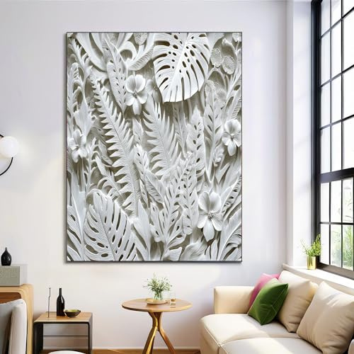 Cuadro En Impresiones De Lienzo Yeso Relieve Hojas Palma Hojas Monstera Helecho, Imagen Sobre Lienzo Sin Marco, Arte Mural Moderno Para Decoración Del Hogar Oficina Salón Dormitorio 80×120 cm