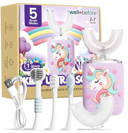 Well Before Kids U Shaped Electric Toothbrush with 5 Brush Heads, Ultrasonic, 5 Modes, IPX7 Waterproof Design (Unicorn, Purple Ages 2-7)