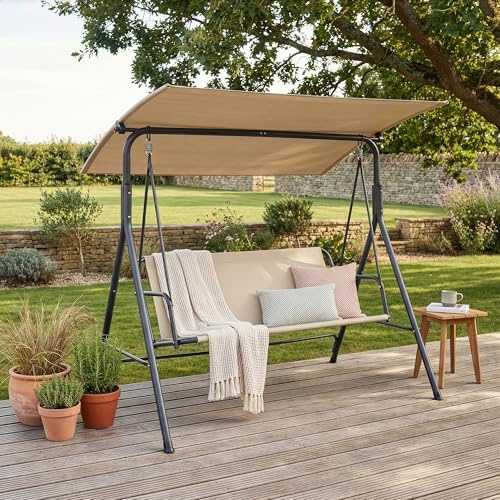 [en.casa] Balancín de Jardín Satten para 3 Personas Columpio para Exterior de 3 Plazas con Toldo Terraza Balcón Patio Resistente al UV y Agua 173 x 119 x 153 cm Acero - Gris/Beige