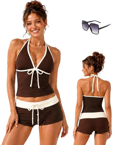 Y2k Cute Polka Dot Tankini Swimsuit for Women, 2 Piece Vintage 2000s Retro Summer Beach Bikini Set with Shorts