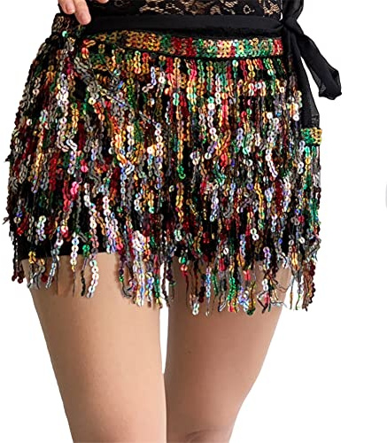 Leemiman Women Sequin Tassel Skirt Glitter Sparkly Fringe Belly Dance Hip Scarf Skirts Festival Dance Performance Metallic Rave Party Belts Costume
