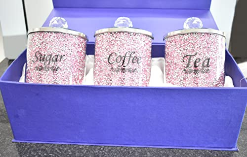DEENZ Crushed Diamond Pink Diamante Tea Coffee Sugar Canisters Jars Organiser Containers Set Gift Present For All Occasion Home Decoration