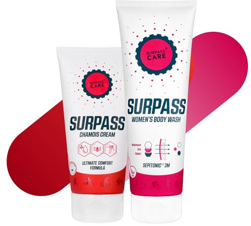 SURPASS - Set per la Cura del Ciclismo Femminile - Crema per Camosci e Gel Doccia Sportivo - Più Comfort e Prestazioni Sui Percorsi Lunghi - Effetto Anti-Fatica e Pulizia Rigenerante - 170ml + 250ml