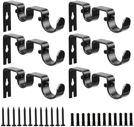 Shonmogar Double Curtain Rod Bracket,6 Pack Metal Curtain Rod Holders for Wall,Sturdy Curtain Rod Brackets for 1 Inch Curtain Rod,Black Wall Mounted Curtain Rod Hooks for Bedroom Living Room Patio