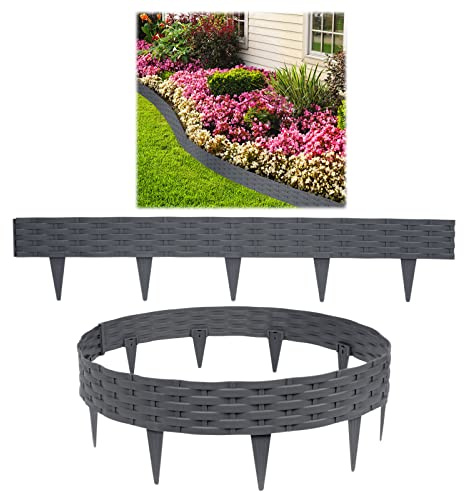 HENGMEI Bordo per aiuole in plastica, 5 m, per palizzate, da giardino, 5 pezzi, effetto rattan, per palizzate, recinzione da giardino, antracite