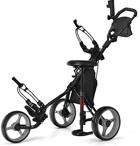 COSTWAY Carro de Golf con 3 Ruedas y Plegable, Carrito de Golf a Empujar con 4 Posiciones Regulables en Altura, Porta Paraguas Regulable y Asiento, Bolsa, Porta Bebidas, Freno de Pedal