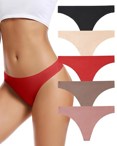 voenxe Seamless Women Underwear Thongs,No Show Ladies Thong,Invisible No Line Breathable Comfortable Panties Undies,Womens No Seam Soft Wide Gusset Tanga,Legging Underpants for Woman 5-Pack