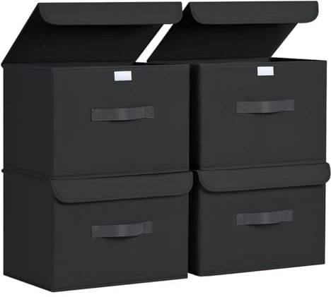 Homsorout Aufbewahrungsboxen mit Deckel - 4er Set Aufbewahrungskorb Stoff Faltbare Aufbewahrungsbox mit Transparentem Sichtfenster, 38 x 25 x 25 cm Faltbox für Kleidung, Würfelregal, Schwarz