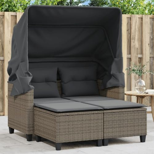 KOIECETA Gartensofa 2-Sitzer mit Dach Hockern Outdoor Sofa Gartenmöbel Garten Lounge Set Terrasse Terrassenmöbel Zweisitzer Grau Poly Rattan