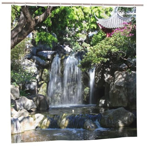 Newhomestyle Waterfall Scenery Garden Shower Curtain, Waterproof Polyester Fabric Pavilion Bathroom Shower Curtain, Summer Bath Room Bathtub Curtain with 12 Hooks, 180X180cm
