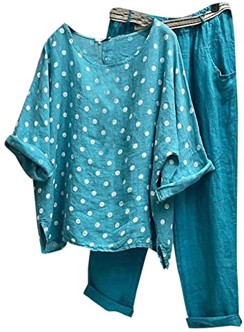 IQYU Byxdress dam sportig elegant 2 delar hemmadräkt sommar stora storlekar linnedräkt vintage joggingdräkt linne fritidsoverall sommar loungewear linneset muslin blus skjorta + linnebyxor, blå, 5XL