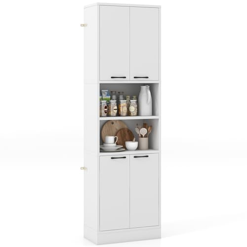 COSTWAY Tall Kitchen Cupboard, 4-Door Buffet Pantry Storage Cabinet with Shelves, Safety Hinges & Anti-tipping Devices, Freestanding Sideboard Organizer Unit for Dining Room Living Room (White)