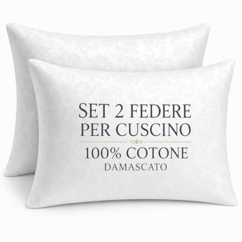 Federe Cuscino 50x80 con Cerniera – Set 2 Federe in 100% Cotone Damascato – Copricuscini Letto Matrimoniale Morbidi, Traspiranti e Anallergici – Federa Bianca Elegante per Camera da Letto