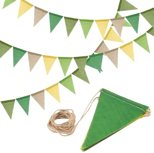 Lot de 3 guirlandes de fanions en tissu vert 4 m - Guirlande de fanions en lin - Résistante aux intempéries - Décoration d'anniversaire pour mariage, chambre d'enfant, baptême, fête