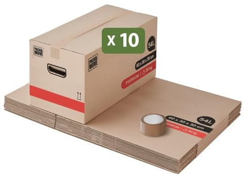 Pack And Move - Lot 10 Cartons Déménagement Premium - 60 X 30 X 30 Cm - Extrême Résistance 25 KG - Réutilisables - Double Épaisseur - Poignées Renforcées - 1 Adhésif Offert