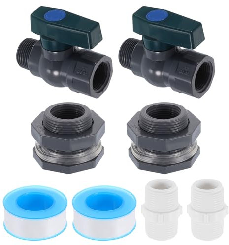 sourcing map 2 Set Rain Barrel Faucet Kit, Plastic Rain Barrel Spigot with 1 GHT Bulkhead Fitting, Garden Hose Adapter and Thread Seal Tape for Water Tank Aquarium, Grey