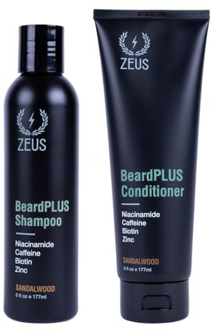 ZEUS BeardPLUS Beard Shampoo & Conditioner Set for Men, Hair Growth Treatment for Hydration, Softness & Thickness with Biotin & Caffeine (Made in USA) Combo Set