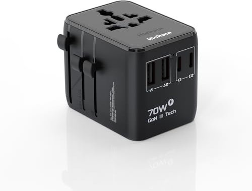 Hichain Adattatore Universale da Viaggio 70W PD Ricarica Veloce Adattatore da Viaggio 2 Porte USB-A 2 Porte USB-C Spina Internazionale da Viaggio Adattatore da Parete All-in-one per USA UE UK AUS