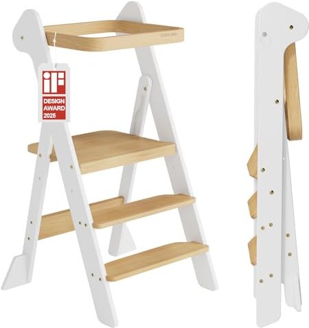 COSYLAND Torre de Aprendizaje Montessori de Madera Plegable Desde 1 Año – Ganadora del Premio iF Design, con Red de Seguridad y Altura Ajustable, Ideal para Cocina y Baño (Blanco y Natural)