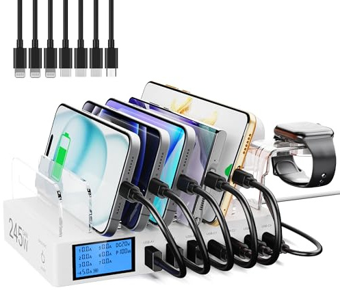 Binamao USB-laddningsstation för flera enheter, 7-port 245W USB-multiladdning med 7 kablar, laddningsstation med LCD-skärm, kompatibel med telefoner, surfplattor och andra enheter - vit
