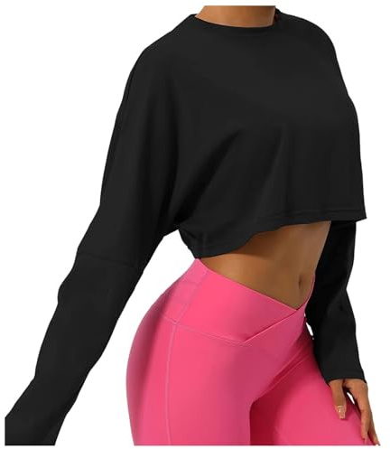 Generisch Sweat-shirt Preppy Crop à manches longues amples Athletic Cropped Shirts T-shirts 2024 Femmes Grandes Tailles Été, Noir , XL
