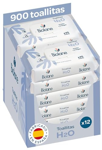 Biolane - Toallitas H2O Bebé, 900 Toallitas (12 Packs de 75 Unidades), 99 % Ingredientes Naturales, Fibras 100 % Vegetales, Desde el Nacimiento, Piel Sensible, Fabricadas en España, pH fisiológico