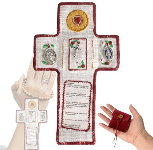Gebetskreuz aus Stoff mit Kruzifix & Marien- und Heiligenmedaille – Tragbares Christliches Kreuz für Zuhause & Reise, Katholische und Christliche Geschenke, Geschenk zur Taufe, Kommunion & Firmung