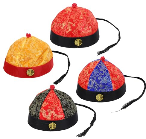 LUOZZY 4pcs Ancient Chinese Emperor Hat Qing Dynasty Royal Cosplay Caps with Braid Traditional Opera Drama Costume Accessory