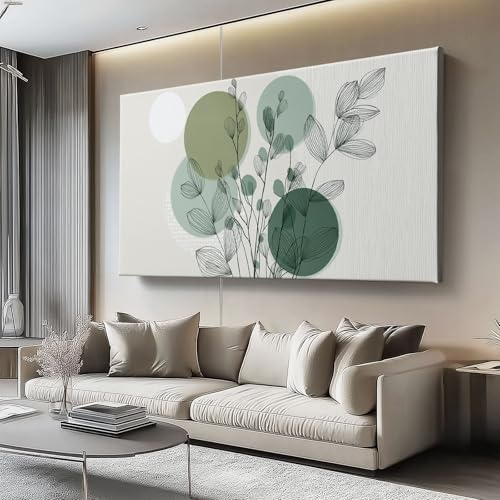 Generico Quadro Moderno su Tela Stampa Artistica Elegante Verde salvia, Bohemien Piante Cerchi Decorazione Parete per Soggiorno, Camera da Letto e Ufficio, Senza Cornice, 150L x 50l cm