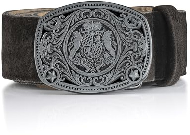 Schöneberger Trachten Couture Cinturón tradicional para hombre de piel auténtica, cinturón clásico para Oktoberfest para pantalones de piel Escudo marrón oscuro. 125 cm (tamaño fabricante:60)