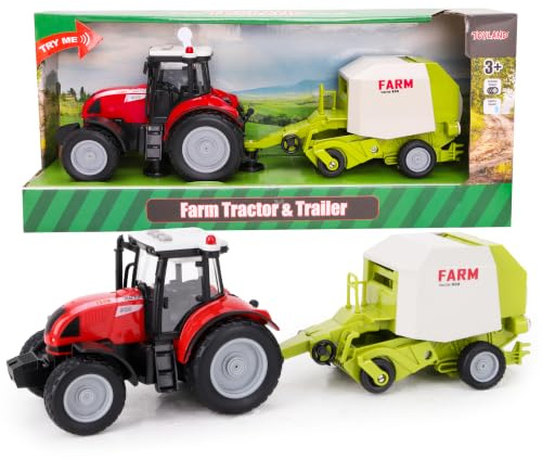 Toyland® 37cm Red Tractor & Trailer With Lights & Sound - Kids Farm Toys (Tractor & Baler)