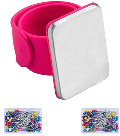 LAITER 1 Pcs Porte Magnétique avec Bracelet Claquer et 200 Pcs Epingles à Tête en Verre Multicolore Coussin Aimanté à Aiguilles Outil pour Travail de Couture