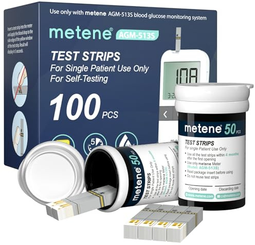 Metene AGM-513S Test Strips for Diabetes, 100 Count Blood Glucose Test Strips, Use with Metene AGM-513S Blood Glucose Monitoring System Only (No Monitor)