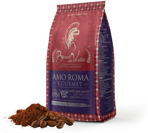 BOCCA DELLA VERITA® Caffe Macinato Sacco da 250g Aroma AMO ROMA GOURMET Ristretto Caffe Arabica e Robusta 100% Made in Italy Caffè Espresso Tostato Naturalmente e Artigianalmente, Rainforest e UTZ