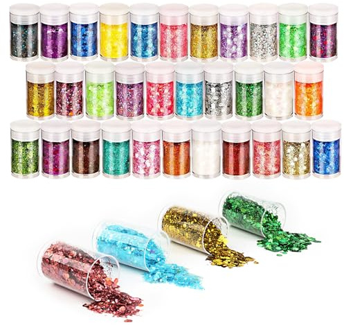 VMUTGA 32 Colori Paillettes Polvere, Glitter Grosse Olografiche Holographic Chunky Polvere Cosmetici Glitter Decorazioni per Resina Epossidica Unghie Viso Capelli Musica Festival