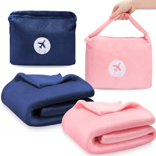 Mindsoft Reisedecke, Kissen, weich, 2-in-1-Flugzeugdecke, kompakte Flugzeugdecke mit weicher Tasche, Kissenbezug, Handgepäckhülle, Essentials für Flugzeug, Camping, Auto, Rosa und Dunkelblau, 2 Stück