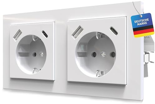 Doppelsteckdose Schnellladegerät USB-C USB-A PD 3.0 QC Kindersicherung Standard Unterputz Wand mit GIRA Jung Merten Busch Jaeger Reinweiß Alpinweiß Smartphone Tablet Power Delivery Quick Charge
